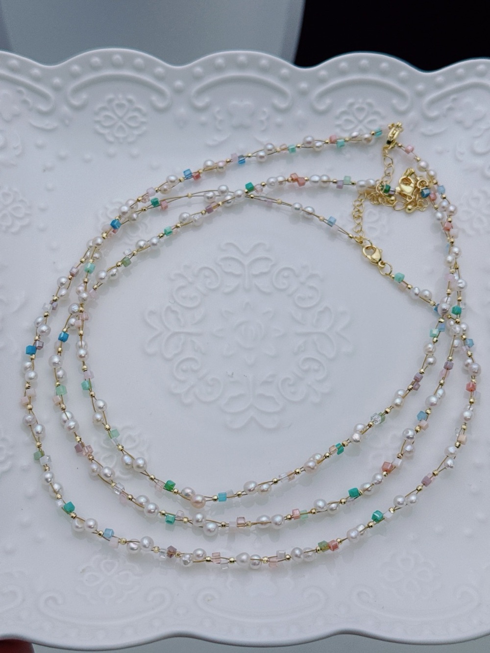 Handmade 4mm Freshwater Pearl CZ Floating Necklace 15+2” Gold Plated